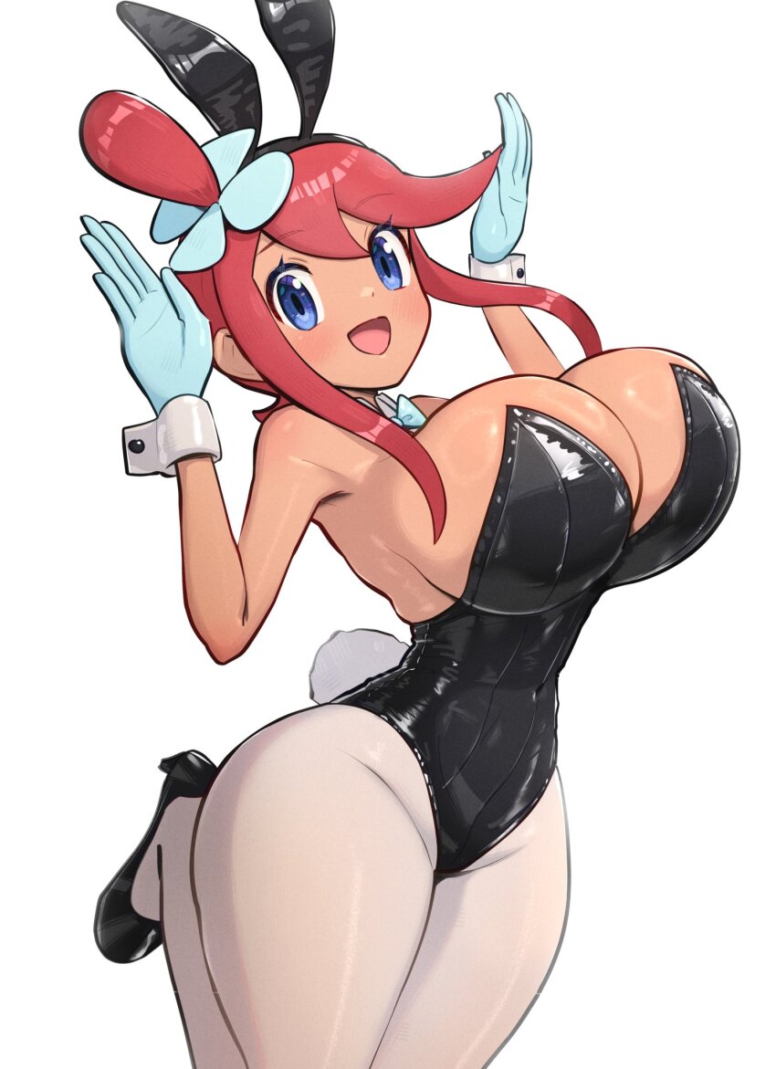 1girl animal_ears black_leotard blue_eyes blue_gloves blush bow bowtie breasts game_freak gloves gonzarez hair_ornament high_heels highres large_breasts leotard long_hair looking_at_viewer nintendo open_mouth pantyhose playboy_bunny pokemon pokemon_bw rabbit_ears rabbit_tail red_hair sidelocks skyla_(pokemon) smile solo tail white_pantyhose wrist_cuffs