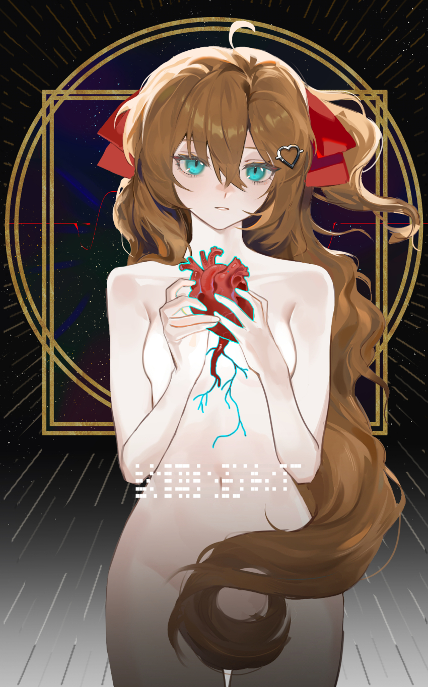 1girl ahoge aqua_eyes breasts brown_hair commentary completely_nude convenient_censoring cowboy_shot english_commentary hair_between_eyes hair_ornament heart heart_(organ) heart_hair_ornament highres holding_heart_(organ) indie_virtual_youtuber long_hair neuro-sama nude parted_lips red_ribbon ribbon ribbon_hair small_breasts solo sorenftt standing straight-on very_long_hair virtual_youtuber