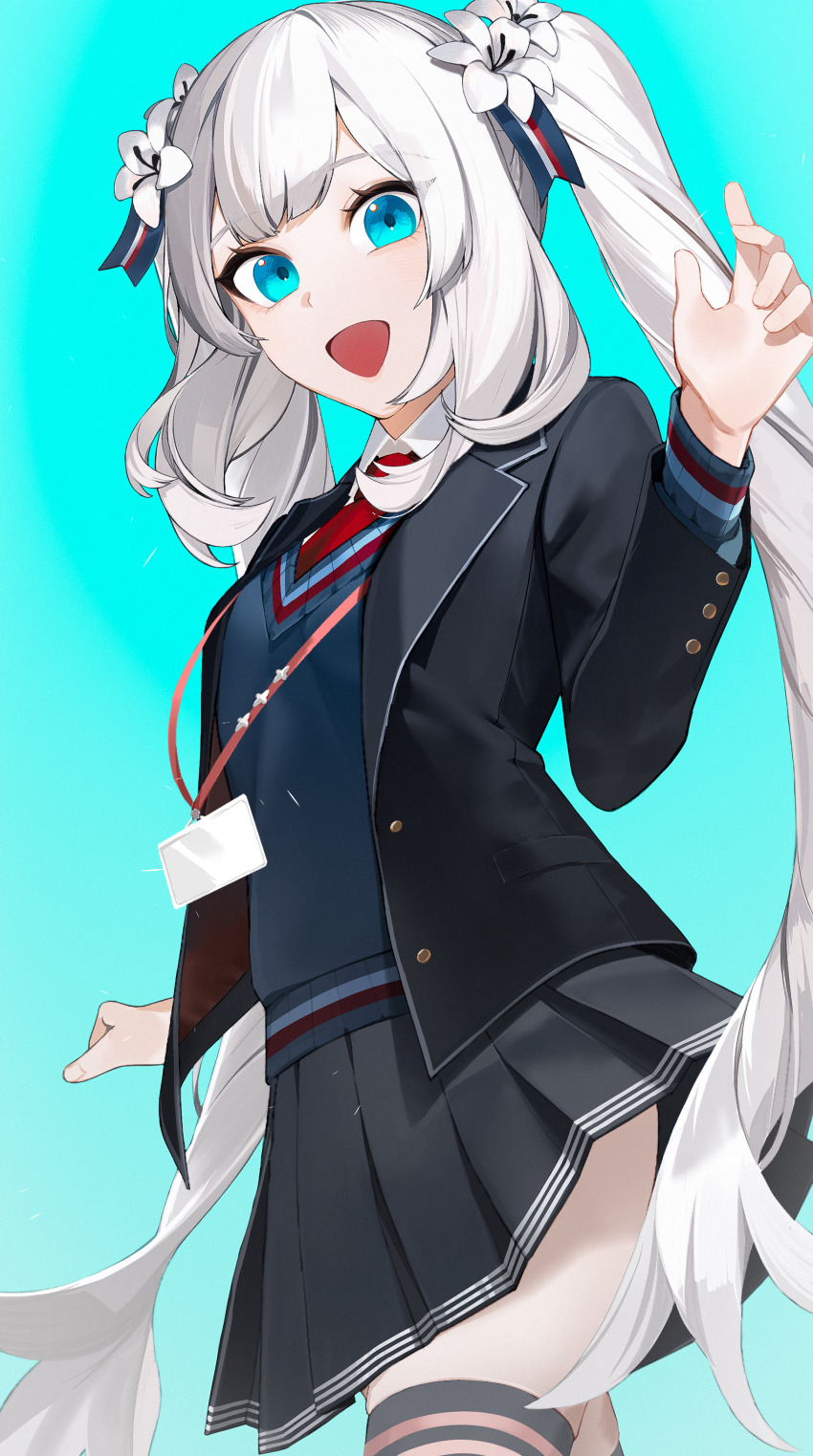 1girl :d absurdres arm_at_side black_jacket black_skirt black_thighhighs blazer blue_background blue_eyes blue_ribbon blue_sweater collared_shirt fate/grand_order fate_(series) flower hair_flower hair_ornament hair_ribbon hand_up highres id_(fate/grand_order) id_card jacket lanyard lapels long_hair long_sleeves looking_at_viewer marie_antoinette_(fate) necktie notched_lapels open_clothes open_jacket open_mouth pleated_skirt pseudo-tokyo_school_uniform red_necktie ribbon school_uniform shirt simple_background skirt smile solo striped_ribbon sweater thighhighs twintails very_long_hair white_flower white_hair white_shirt wing_collar yukkuri_(fumoyun)
