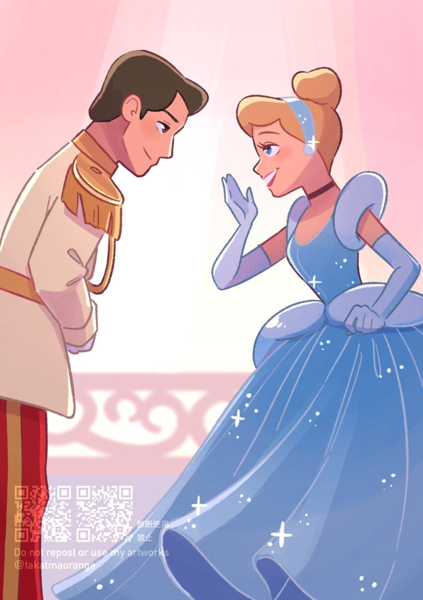 1boy 1girl black_hair blonde_hair blue_dress blue_eyes brown_hair choker cinderella cinderella_(disney) dress elbow_gloves gloves hair_bun hairband highres jewelry open_mouth prince_charming_(disney) shirt short_hair smile takatmaorange