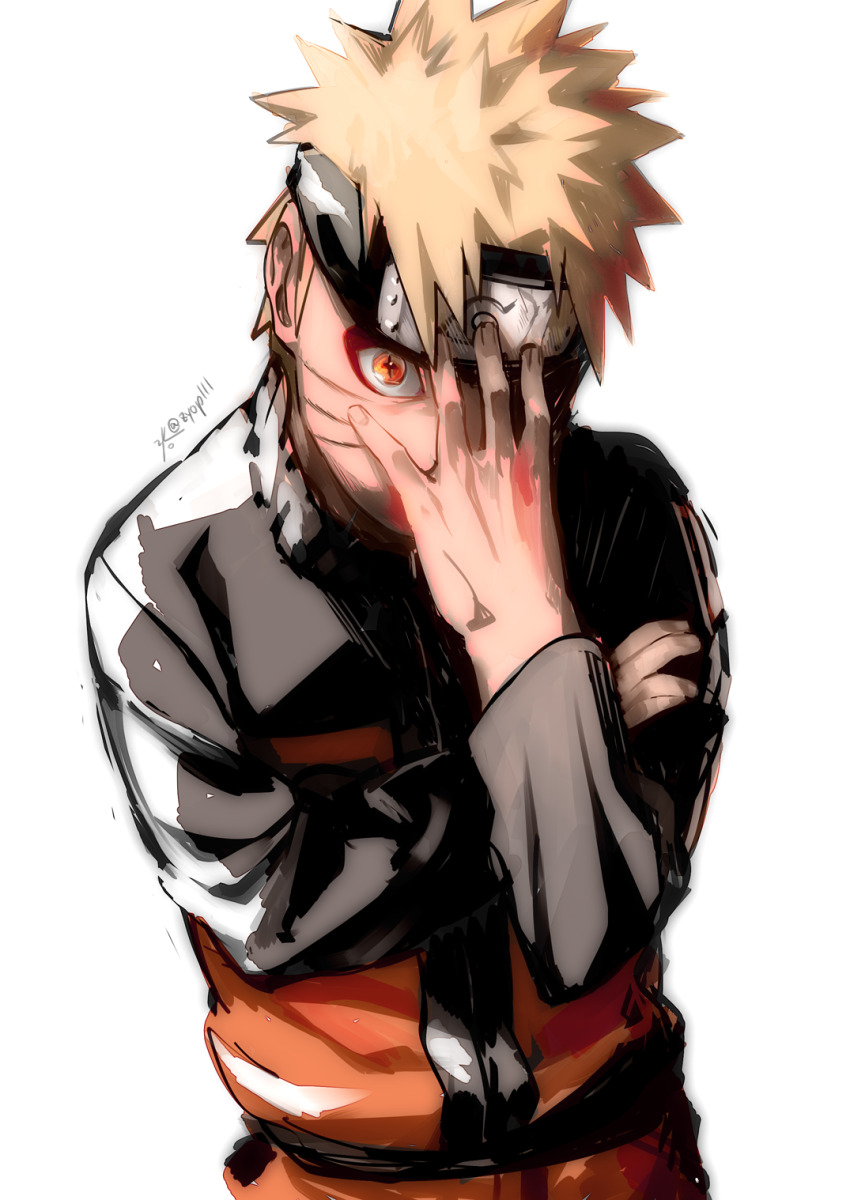 1boy headband highres jacket konohagakure_symbol long_sleeves looking_at_viewer male_focus naruto_(series) naruto_shippuuden ninja orange_eyes orange_jacket short_hair simple_background solo spiked_hair symbol-shaped_pupils uzumaki_naruto white_background zifletts