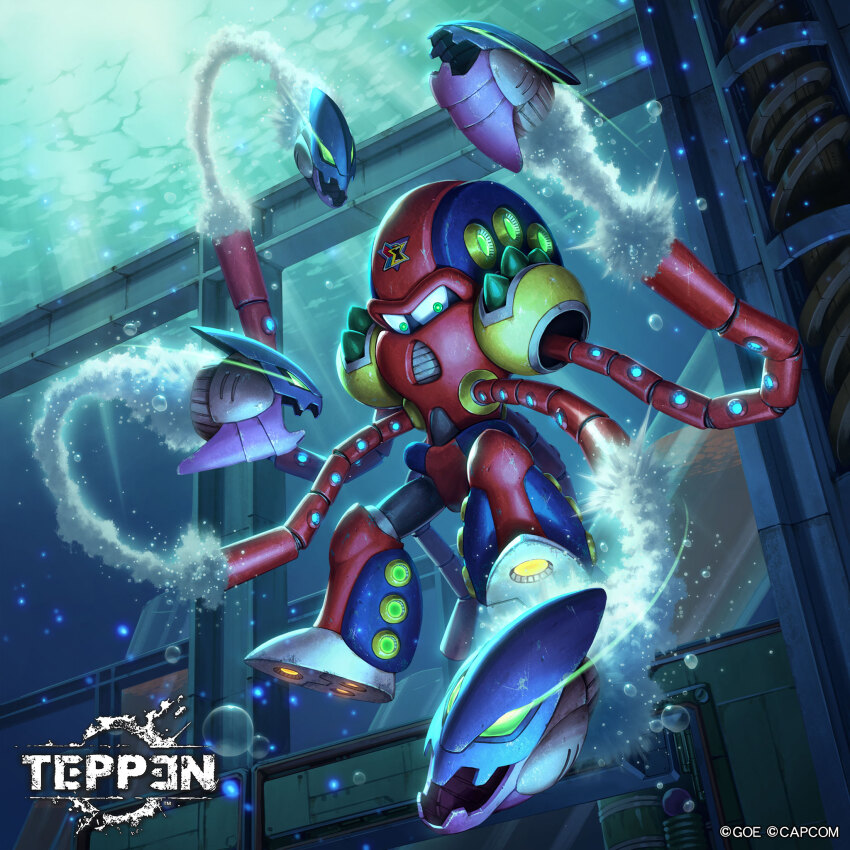 bubble capcom english_text fish green_eyes highres launch_octopus_(mega_man) looking_at_viewer looking_down mega_man_(series) mega_man_x mega_man_x_(series) nurikabe_(mictlan-tecuhtli) octopus official_art robot swimming tentacles teppen torpedo underwater water