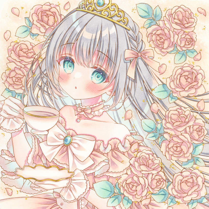 1girl aqua_eyes bare_shoulders blush bow braid brooch choker collarbone commentary cup dress flower frilled_choker frilled_gloves frills gloves highres holding holding_cup holding_saucer jewelry long_hair marker_(medium) original parted_lips pink_bow pink_choker pink_dress pink_flower pink_rose puu_(kari---ume) rose saucer symbol-only_commentary tareme teacup tiara traditional_media upper_body very_long_hair white_bow white_sleeves