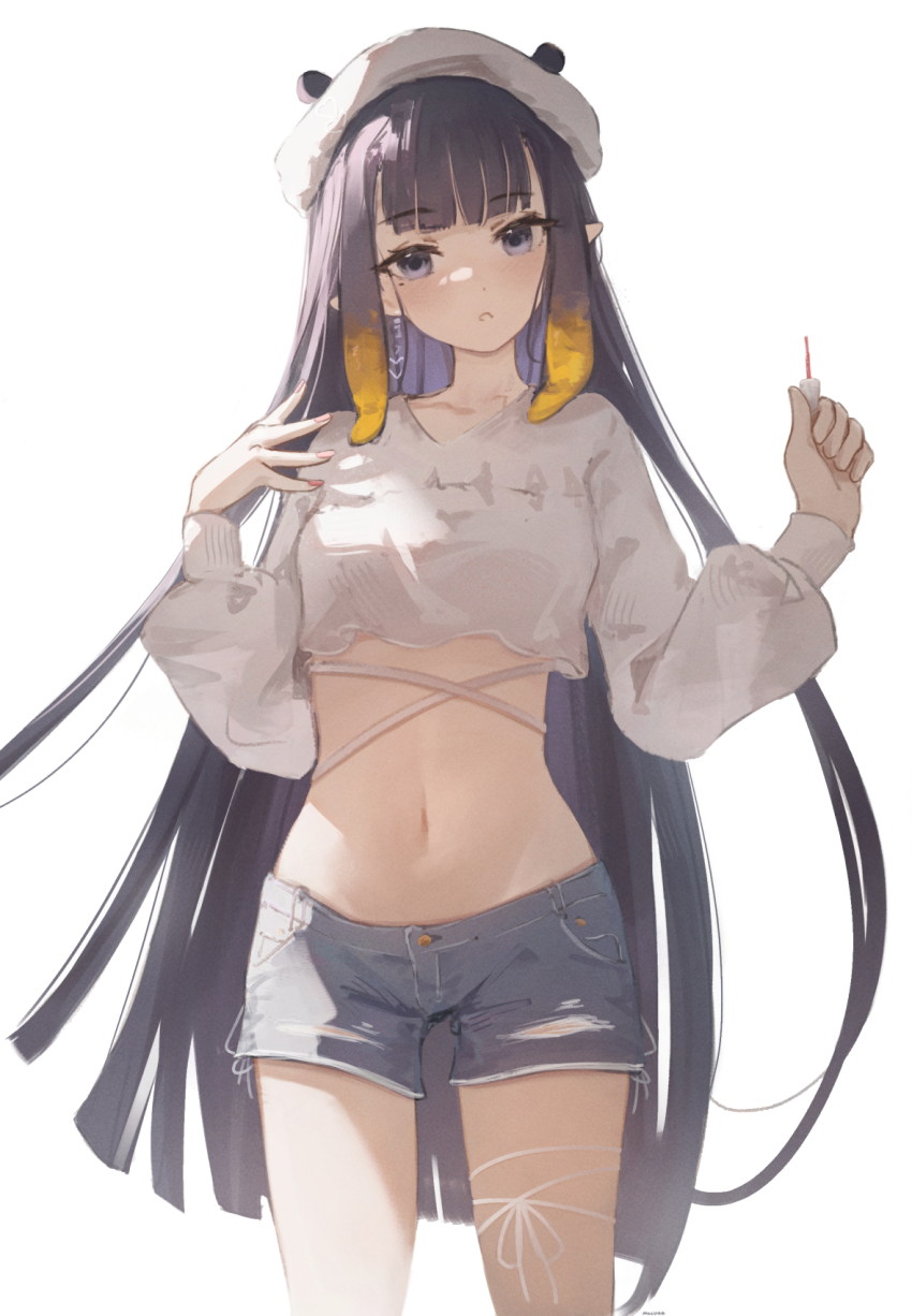 1girl beret blue_shorts blunt_bangs commentary cosmetics cowboy_shot cropped_shirt denim denim_shorts earrings gradient_hair hands_up hat highres holding holding_lipstick_tube hololive hololive_english jewelry leg_ribbon lipstick_tube long_hair long_sleeves looking_at_viewer malvar mole mole_under_eye multicolored_hair navel ninomae_ina&#039;nis official_alternate_costume orange_hair parted_lips pointy_ears puffy_long_sleeves puffy_sleeves purple_hair ribbon shirt short_shorts shorts sidelocks simple_background solo stomach straight_hair symbol-only_commentary tentacle_hair thigh_ribbon v-neck very_long_hair virtual_youtuber white_background white_hat white_shirt