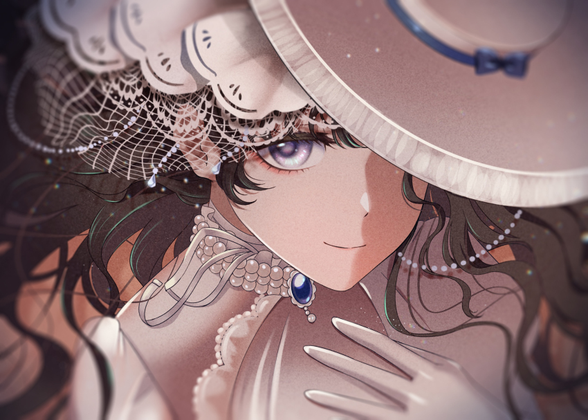 1girl closed_mouth dress gloves hand_on_own_chest hat hat_over_one_eye highres isolde_(reverse:1999) looking_at_viewer milmil7 one_eye_covered portrait purple_eyes reverse:1999 smile solo veil white_dress white_gloves white_hat white_veil