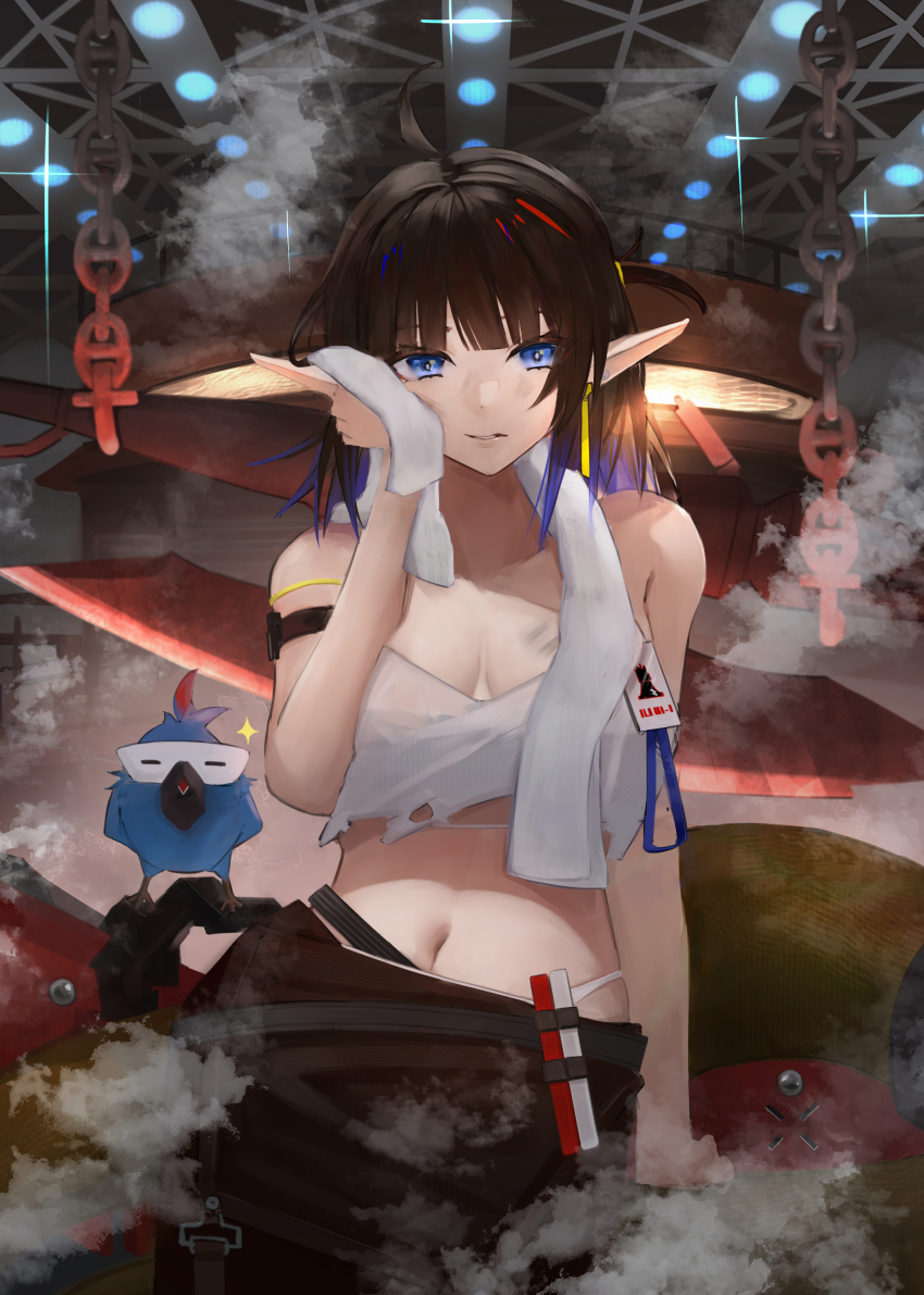 1girl absurdres anaconda arknights arm_strap bird black_hair blue_eyes blue_hair breasts breasts_apart brown_pants camisole clenched_teeth colored_inner_hair cowboy_shot crop_top eunectes_(arknights) eunectes_(forgemaster)_(arknights) high_priest_(arknights) highres id_card large_breasts leaning_on_object looking_at_viewer mal_(malqsm) midriff multicolored_hair navel official_alternate_costume pants panty_straps parted_lips pointy_ears rhodes_island_logo_(arknights) shirt snake_tail spaghetti_strap steam tail tank_top teeth torn_clothes torn_shirt towel white_tank_top