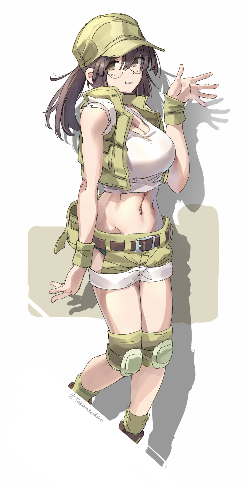 1girl absurdres baseball_cap breasts brown_eyes brown_hair crop_top field_cap fio_germi glasses green_shorts hat highres huanxiang_huifeng knee_pads large_breasts metal_slug midriff open_clothes open_vest ponytail round_eyewear short_shorts shorts solo utility_vest vest