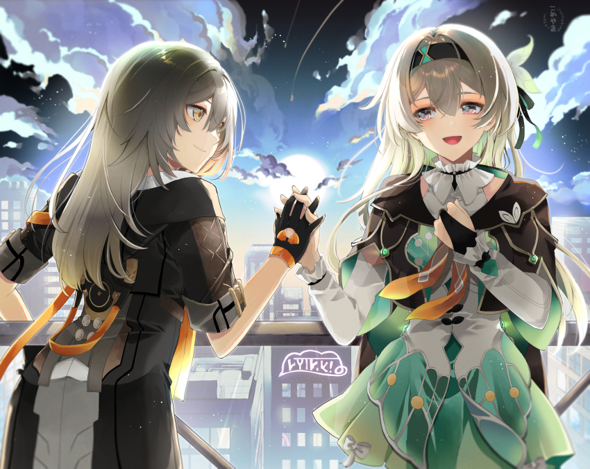 2girls black_gloves black_hairband black_jacket blush breasts bridal_gauntlets building cloud cloudy_sky dress fingerless_gloves firefly_(honkai:_star_rail) gloves green_dress grey_hair hair_between_eyes hair_ornament hairband highres holding_hands honkai:_star_rail honkai_(series) jacket komesiwo_syumi long_hair long_sleeves looking_at_another medium_breasts multiple_girls neckerchief night night_sky open_mouth orange_neckerchief pink_eyes short_sleeves sky smile stelle_(honkai:_star_rail) trailblazer_(honkai:_star_rail) yellow_eyes