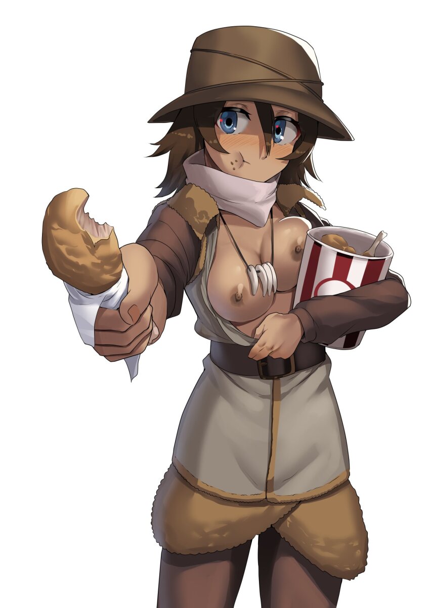 1girl blue_eyes blush breasts breasts_out brown_hair character_request chewing closed_mouth dark-skinned_female dark_skin eating food girls_und_panzer hat highres jewelry kfc large_breasts long_hair looking_at_viewer necklace nico-mo nipples no_bra solo