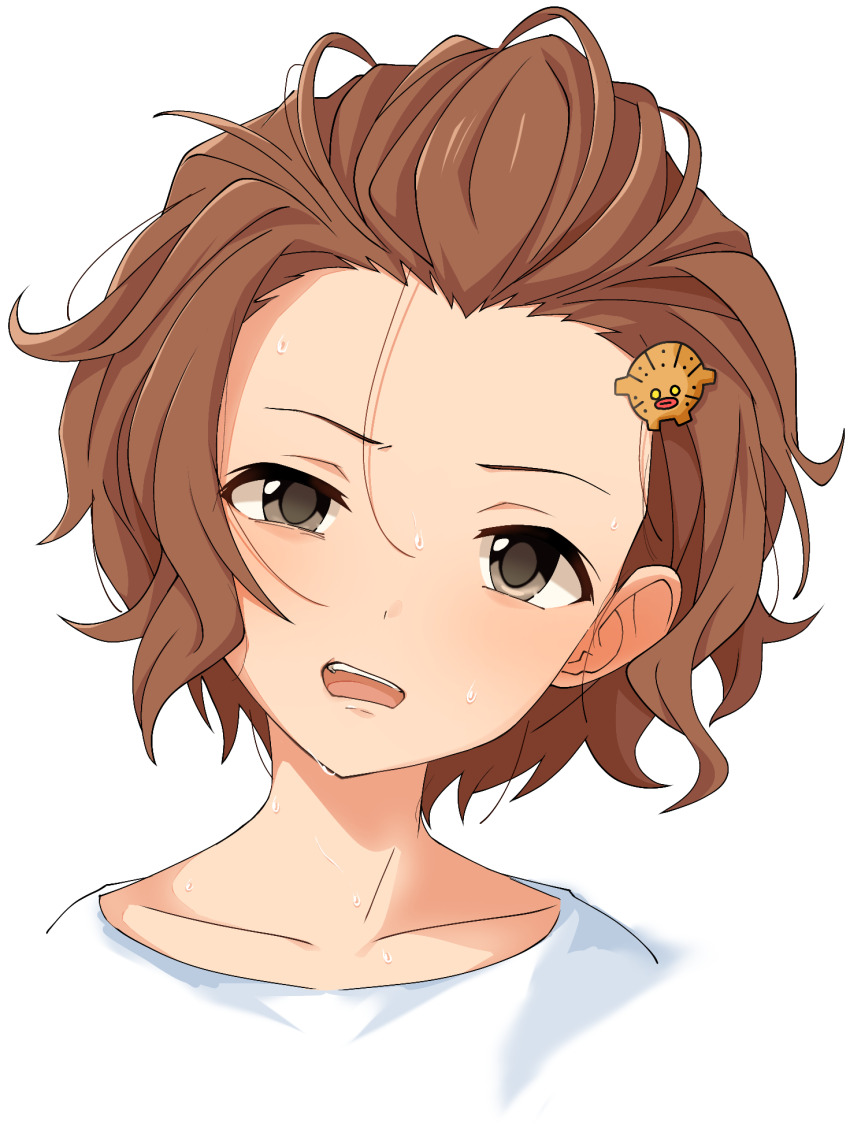 1girl collarbone cropped_torso forehead head_tilt highres idolmaster idolmaster_cinderella_girls kakki_(kackie) looking_at_viewer namba_emi orange_hair portrait shirt solo sweatdrop white_shirt