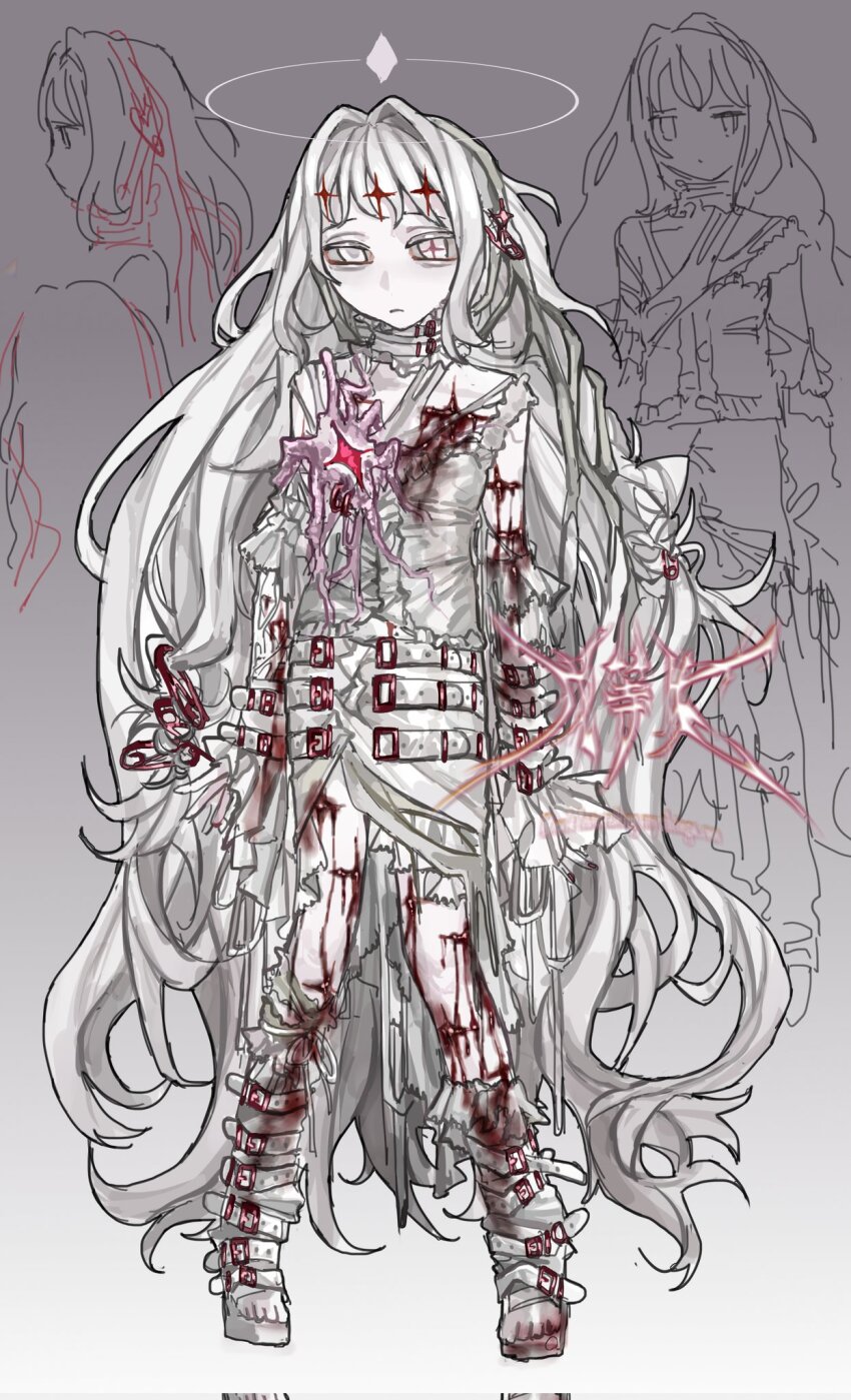 albino arm_belt belt belt_collar blood brown_background collar colored_eyelashes cuts expressionless full_body gradient_background halo highres injury leg_belt long_hair original solo standing very_long_hair wavy_hair white_belt white_eyelashes white_eyes white_footwear white_hair wuwuren