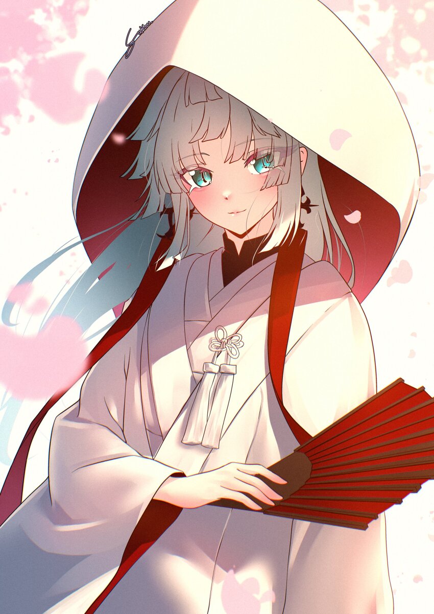 1girl absurdres blush breasts fate/samurai_remnant fate_(series) fukou green_eyes highres japanese_clothes kimono long_hair long_sleeves looking_at_viewer parted_bangs small_breasts solo white_kimono wide_sleeves yui_shousetsu_(fate)