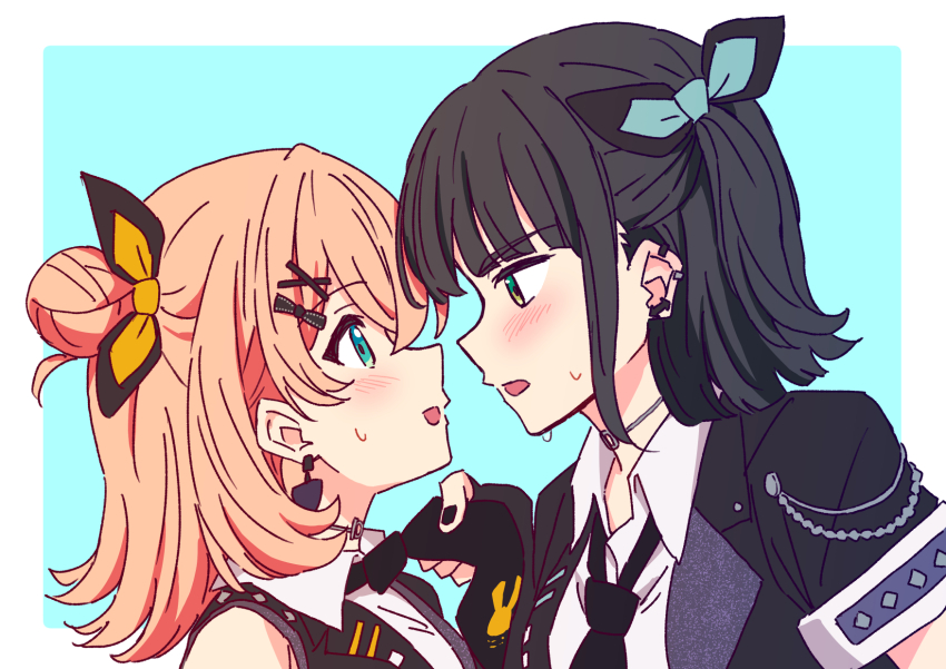 2girls arrow_earrings black_hair black_jacket black_necktie blue_background blush border cerise_bouquet clothes_grab collared_shirt double_bun earrings flipped_hair hair_bun half_updo highres hinoshita_kaho i_do_me!_(love_live!) jacket jewelry link!_like!_love_live! love_live! momose_ginko multiple_girls necktie neckwear_grab nogreen official_alternate_costume open_clothes open_jacket open_mouth orange_hair outside_border profile shirt short-sleeved_jacket short_hair short_sleeves sideways_mouth simple_background single_sleeve sweat virtual_youtuber white_border white_shirt yuri
