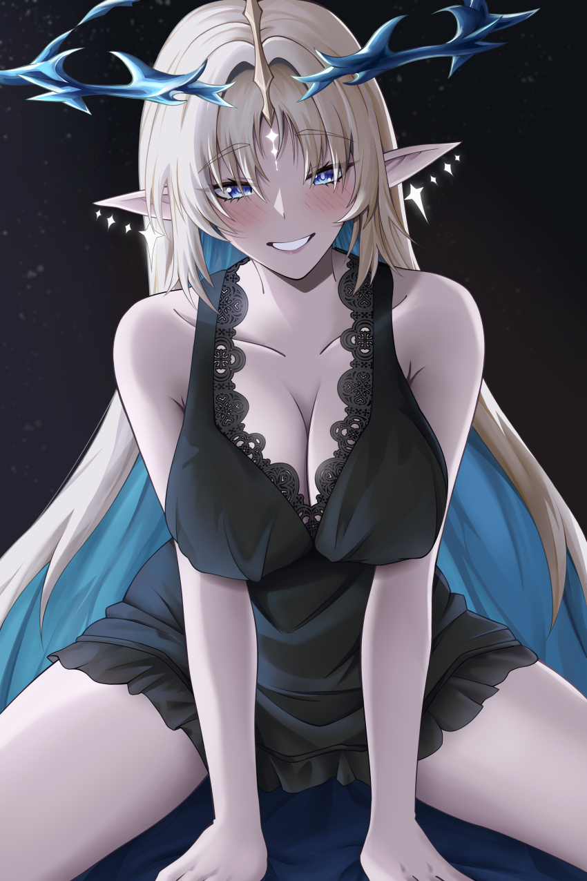 1girl absurdres alternate_costume bare_shoulders black_dress blonde_hair blue_eyes blue_hair blush breasts cleavage collarbone colored_inner_hair commentary crown_of_thorns dark_background dress earrings english_commentary fleurdelys_(wuthering_waves) floating_earrings highres horns jewelry large_breasts long_hair looking_at_viewer multicolored_hair pointy_ears single_horn smile solo tacet_mark_(wuthering_waves) thighs very_long_hair west_(user_frmf8438) wuthering_waves yellow_horns