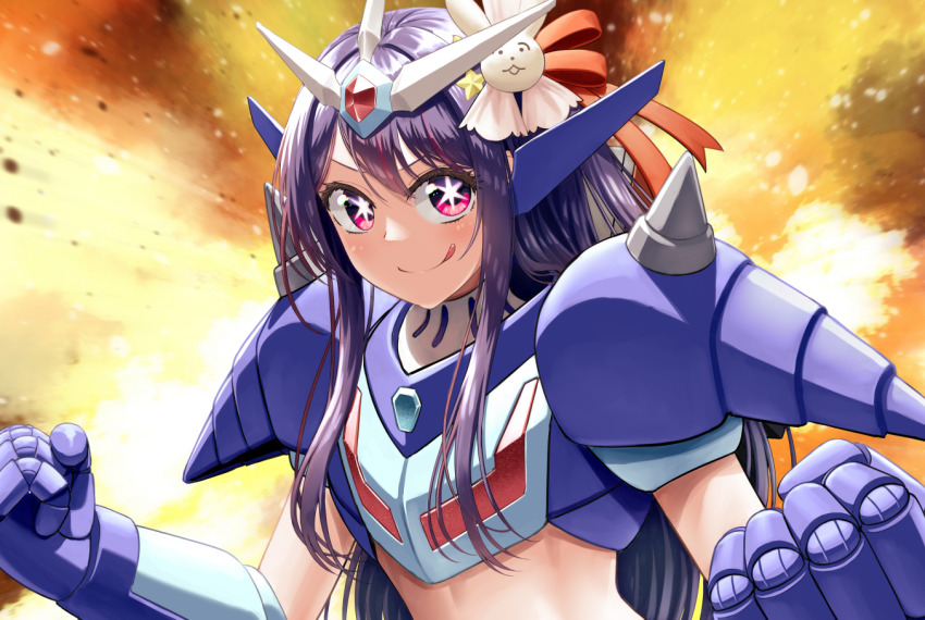 cosplay getter_robo hair_ornament hoshino_ai long_hair neo_getter-1 oshi_no_ko pink_eyes purple_hair rabbit_hair_ornament shin_getter_robo_vs_neo_getter_robo shiroganehaku smile star-shaped_pupils star_(symbol) star_in_eye symbol-shaped_pupils symbol_in_eye tongue tongue_out