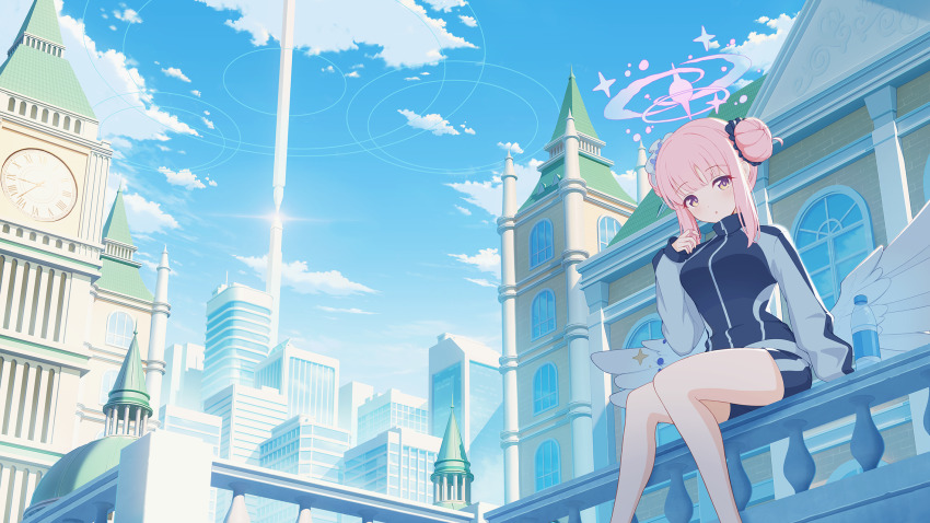 1girl adjusting_hair blue_archive blue_jacket blue_scrunchie blue_shorts blush bottle breasts building city clock clock_tower cloud day gym_shorts gym_uniform hair_bun hair_ornament hair_scrunchie halo highres jacket large_breasts long_sleeves looking_at_viewer medium_hair mika_(blue_archive) mika_(track)_(blue_archive) multicolored_jacket official_alternate_costume outdoors parted_lips pink_hair pink_halo purple_eyes scrunchie short_shorts shorts sidelocks sitting sky solo tower track_jacket turtleneck turtleneck_jacket twirling_hair water_bottle white_wings wings yuma_(lyq_yume) zipper