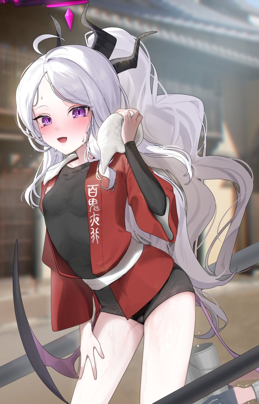 1boy 1girl ahoge alternate_costume alternate_hairstyle black_bodysuit black_gloves blue_archive blurry bodysuit breasts bucket commentary_request cosplay demon_girl demon_horns demon_wings depth_of_field forehead gloves half_gloves halo haori highres hina_(blue_archive) holding holding_towel horns japanese_clothes leaning_forward long_hair long_sleeves looking_at_viewer oomabiblogo2 out_of_frame outdoors parted_bangs ponytail purple_eyes rickshaw rickshaw_student_(blue_archive) rickshaw_student_(blue_archive)_(cosplay) sensei_(blue_archive) short_sleeves sidelocks small_breasts solo_focus sweat towel towel_around_neck wavy_hair white_hair wide_sleeves wings wiping_sweat