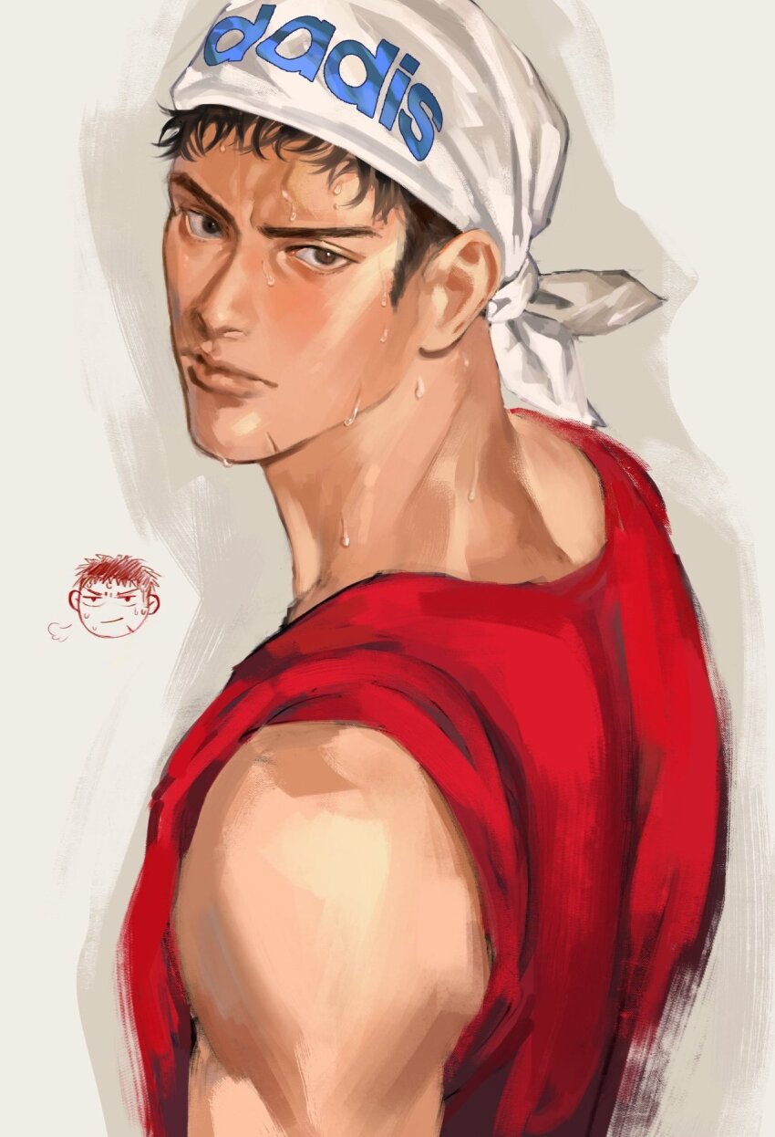 1boy adidas bandana black_hair brown_eyes closed_mouth commentary hashtag-only_commentary highres logo looking_back looking_to_the_side male_focus mitsui_hisashi ndsoda red_shirt shirt short_hair sideburns sideways_glance single_bare_shoulder slam_dunk_(series) sleeveless solo sweat upper_body very_sweaty white_background