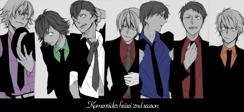6+boys bad_id bad_pixiv_id dress_shirt formal_clothes hat hidari_shoutarou hino_eiji kamen_rider kamen_rider_drive_(series) kamen_rider_fourze_(series) kamen_rider_gaim_(series) kamen_rider_ghost_(series) kamen_rider_ooo_(series) kamen_rider_w kamen_rider_wizard_(series) kazuraba_kouta kisaragi_gentarou looking_at_viewer male_focus monochrome multiple_boys necktie one_eye_closed open_mouth plaid_clothes plaid_shirt shirt smile souma_haruto spot_color suit tenkuuji_takeru tomari_shinnosuke tougou_kazuki unworn_hat unworn_headwear