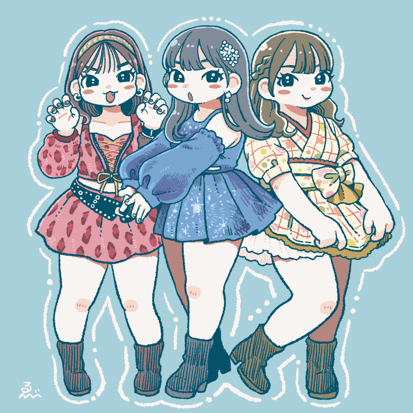 1girl :3 bare_legs bare_shoulders black_eyes blue_background blue_boots blue_dress blush_stickers boots braid brown_hair cropped_shirt curvy detached_sleeves dress earrings ebiebi fang full_body gao grey_hair hairband hands_up hello!_project highres jewelry kitagawa_rio_(momusu) legs_apart legs_together long_hair looking_at_viewer medium_hair midriff miniskirt morning_musume multiple_views open_mouth plaid_clothes plaid_dress real_life red_boots red_nails red_shirt red_skirt red_sleeves shirt short_dress short_sleeves signature simple_background skirt sleeveless sleeveless_shirt smile standing straight-on straight_hair thick_thighs thighs v-shaped_eyebrows yellow_boots yellow_dress yellow_hairband