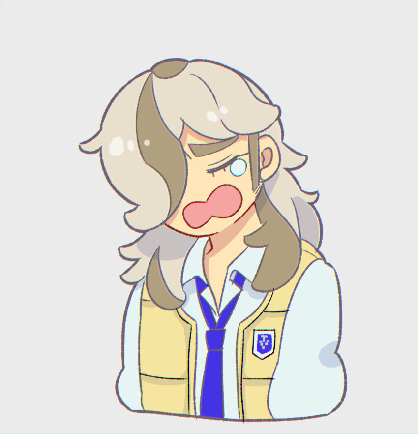 1boy arven_(pokemon) closed_eyes collared_shirt cropped_torso grey_background hair_over_one_eye highres male_focus mogutory necktie nintendo open_mouth pokemon pokemon_sv purple_necktie school_uniform shirt solo uva_academy_school_uniform white_shirt