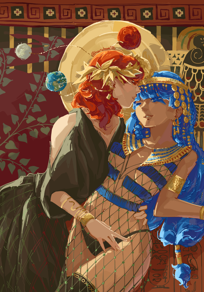 2girls abstract_background absurdres alternate_costume alternate_skin_color armlet bare_shoulders black_dress black_panties black_thighhighs blue_eyes blue_hair bracelet dark-skinned_female dark_skin dress earrings earth_(ornament) eye_contact fishnets flat_chest gold hair_ornament hand_on_another&#039;s_thigh hand_on_another&#039;s_waist haru_bun hecatia_lapislazuli highres jewelry light_smile long_hair looking_at_another medium_hair michigami_nareko moon_(ornament) multiple_girls one_eye_closed panties planet_hair_ornament red_eyes red_hair revealing_clothes thighhighs touhou underwear underworld_(ornament) usekh_collar very_long_hair yuri
