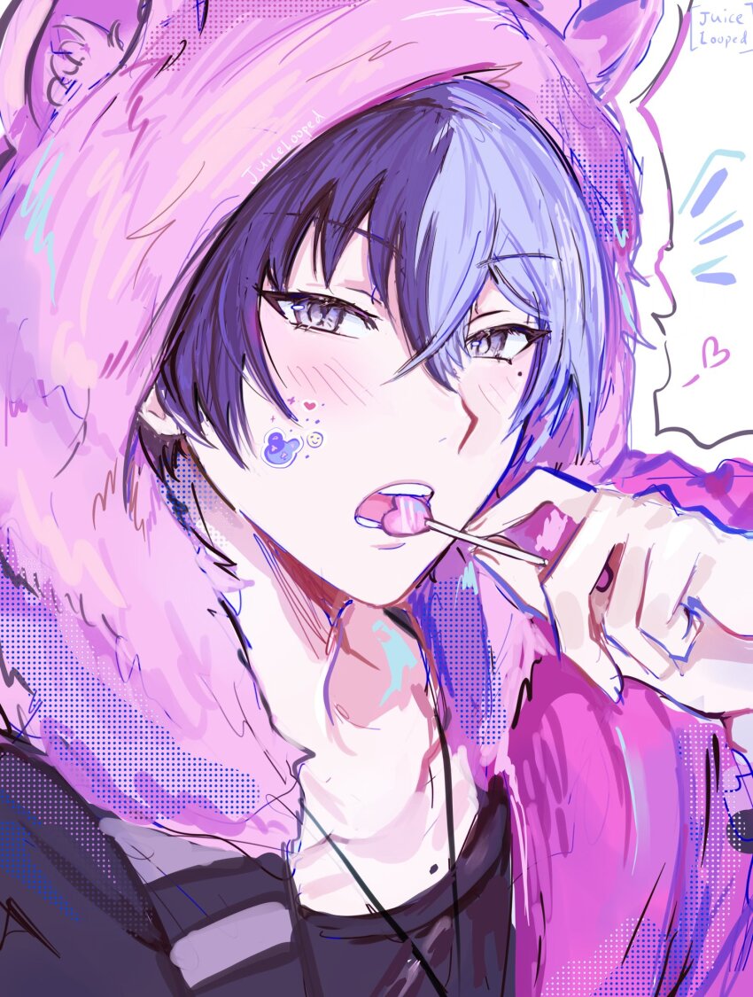 1boy adair_(juicelooped) animal_hood aoyagi_touya artist_name awakening_beat_(project_sekai) beat_eater_(vocaloid) blue_hair blush candy commentary dark_blue_hair food hair_between_eyes heart highres hood hood_up jewelry lollipop looking_at_viewer male_focus mole mole_under_eye multicolored_hair necklace official_alternate_costume open_mouth project_sekai solo split-color_hair sticker_on_face symbol-only_commentary teeth two-tone_hair white_background