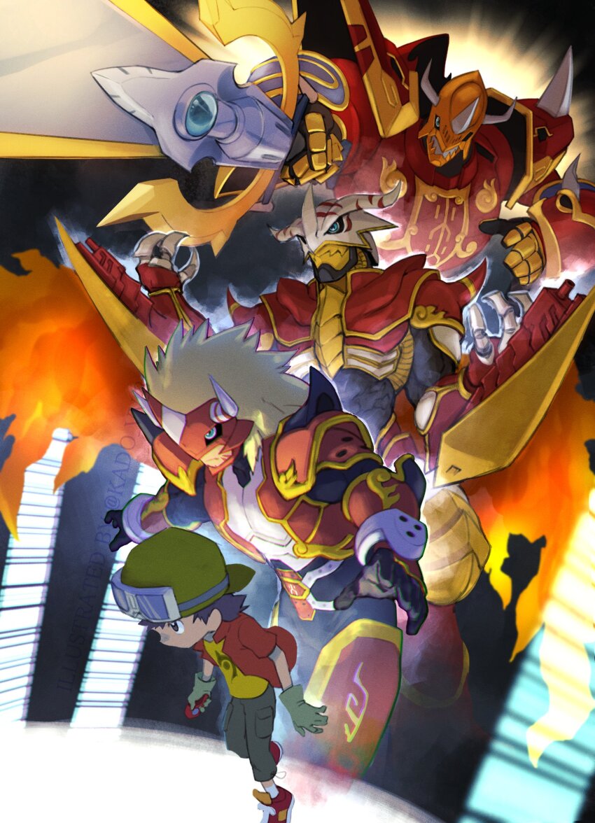 agnimon arm_cannon armor black_background blonde_hair blue_eyes brown_hair digimon digimon_(creature) digimon_frontier dragon evolutionary_line highres horns jacket kaisergreymon kanbara_takuya kyuri_bakuhatu long_hair male_focus red_armor red_jacket vritramon weapon