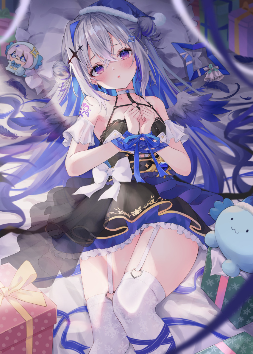 1girl :o absurdres amane_kanata amane_kanata_(another_world) angel_wings aoha_(aohasora) bare_shoulders bed_sheet black_dress blue_dress blue_hair blue_hat blush bound bound_wrists bow box breasts choker collarbone commentary dress dress_bow english_commentary feet_out_of_frame fur-trimmed_headwear fur_trim gift gift_box grey_hair hair_spread_out hat highres hololive long_hair looking_at_viewer lying medium_breasts official_alternate_costume on_back pillow pom_pom_(clothes) purple_eyes revision santa_hat see-through_clothes see-through_sleeves short_sleeves solo thighhighs upao_(amane_kanata) very_long_hair virtual_youtuber white_bow white_choker white_thighhighs wings