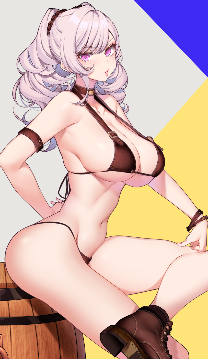 1girl absurdres bare_shoulders barrel bikini black_bikini blush boots breasts choker cleavage collarbone grey_hair highres large_breasts long_hair looking_at_viewer navel original purple_eyes santa_(sunflower) skindentation solo swimsuit thighs twintails