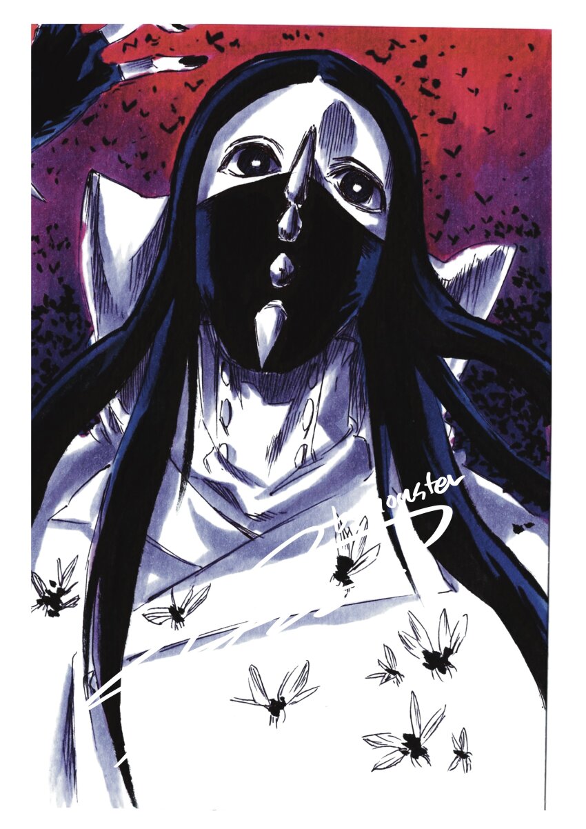 1boy absurdres artist_name as_nodt black_eyes black_hair black_nails bleach bleach:_sennen_kessen-hen border bug fingerless_gloves gloves high_collar highres jacket korean_commentary looking_at_viewer male_focus mask military_uniform monster_art_(rlawnsgr7) mouth_mask pale_skin portrait solo spikes wandenreich_uniform white_border white_jacket