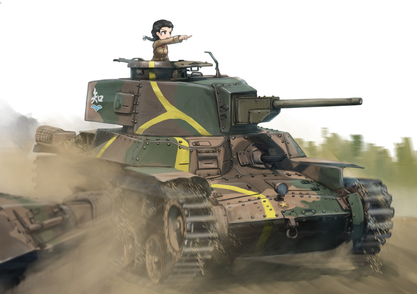 1girl black_hair brown_jacket camouflage chi-hatan_(emblem) chi-hatan_military_uniform driving emblem girls_und_panzer highres jacket kk90 long_sleeves military_vehicle motor_vehicle pointing sand solo tamada_tamaki tank type_97_chi-ha type_97_lmg vehicle_focus