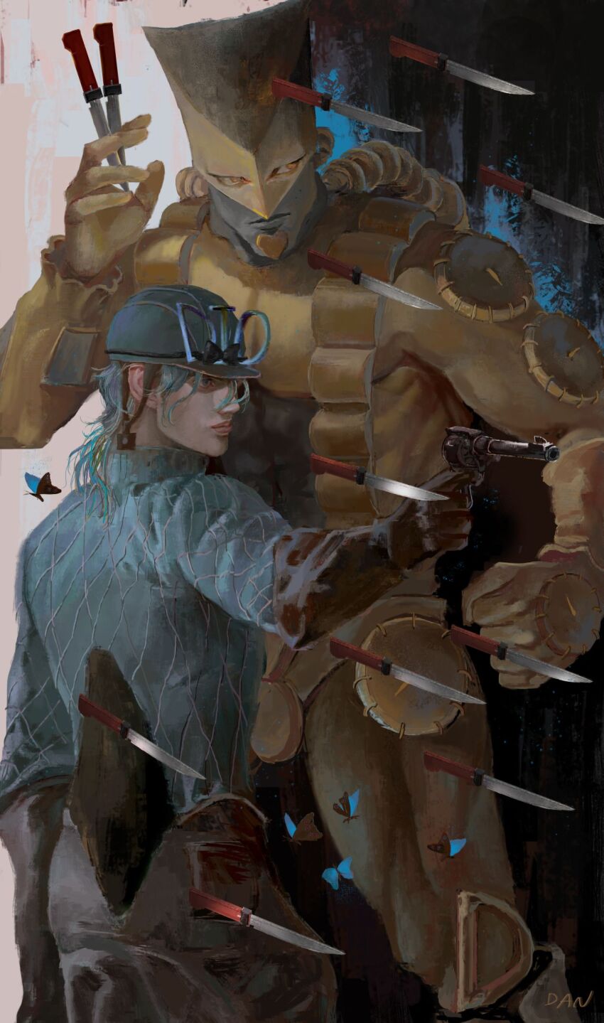 1boy alternate_color artist_name blonde_hair blue_eyes blue_hair bug butterfly commentary_request danart14020 diego_brando gloves gun hat heart highres holding holding_gun holding_weapon insect jodhpurs jojo_no_kimyou_na_bouken knife lips long_hair long_sleeves looking_to_the_side male_focus muscular pants realistic spoilers stand_(jojo) steel_ball_run sweater the_world toned toned_male turtleneck weapon