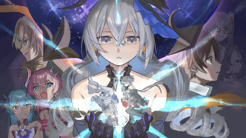 1boy 6+girls :d bare_shoulders black_dress black_gloves black_thighhighs blonde_hair blue_hair bronya_zaychik bronya_zaychik_(herrscher_of_reason) brown_eyes brown_hair closed_mouth cocolia_(honkai_impact) dress drill_hair dual_persona duoyun_de_tiankong earrings elbow_gloves fang frederica_nikola_tesla gloves glowing green_eyes grey_eyes grey_hair highres honkai_(series) honkai_impact_3rd horns jewelry joachim_nokianvirtanen lieserl_albert_einstein liliya_olenyeva long_hair multiple_girls open_mouth pink_hair red_eyes red_hair rozaliya_olenyeva seele_(alter_ego) seele_vollerei seele_vollerei_(stygian_nymph) short_hair siblings single_horn skin_fang smile thighhighs twins twintails upper_body very_long_hair white_dress white_thighhighs
