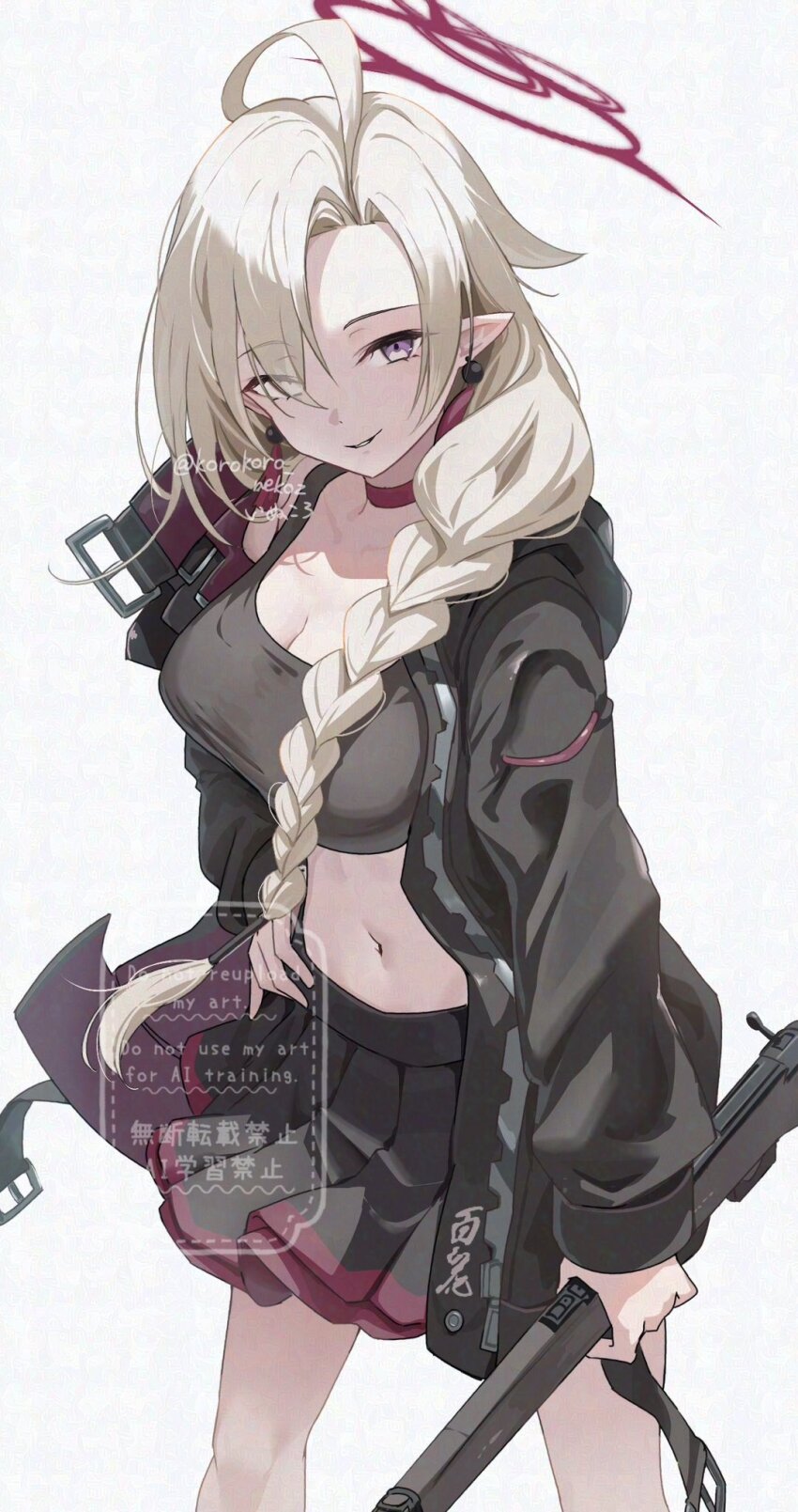 1girl ayame_(blue_archive) blonde_hair blue_archive bolt_action braid gun halo highres holding holding_gun holding_weapon korokoro_nekoz official_alternate_design official_alternate_eye_color official_alternate_halo_color purple_eyes rifle simple_background smile solo weapon white_background