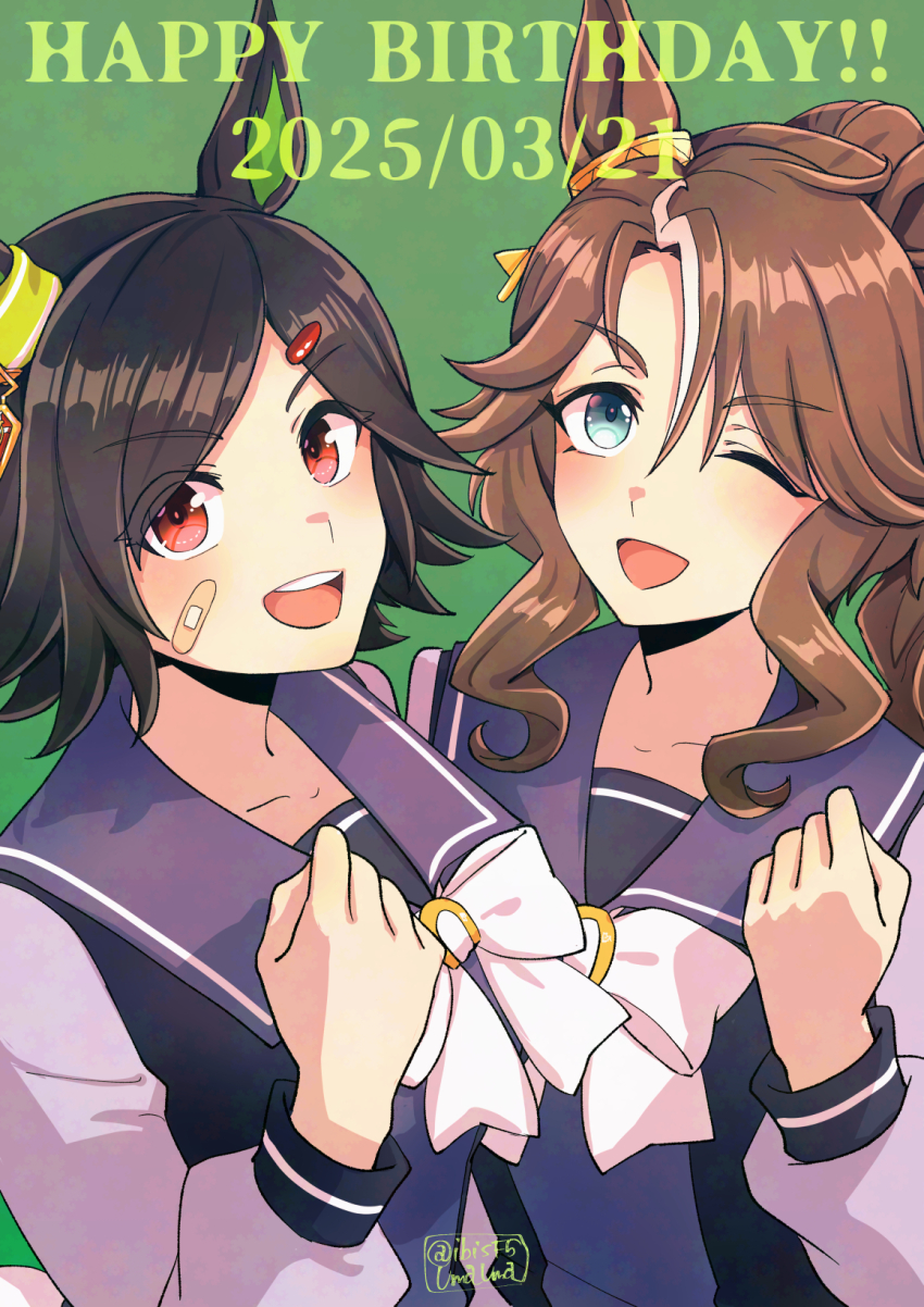 2girls animal_ears bandaid bandaid_on_face birthday_connection black_hair blue_eyes brown_hair dated ear_ornament green_background hair_ornament hairclip happy_birthday hi_(ibisf5umauma) highres horse_ears horse_girl long_hair mejiro_palmer_(umamusume) multicolored_hair multiple_girls one_eye_closed open_mouth purple_sailor_collar purple_shirt red_eyes sailor_collar school_uniform shirt short_hair smile streaked_hair teeth tracen_school_uniform twitter_username umamusume upper_body upper_teeth_only white_hair winning_ticket_(umamusume)