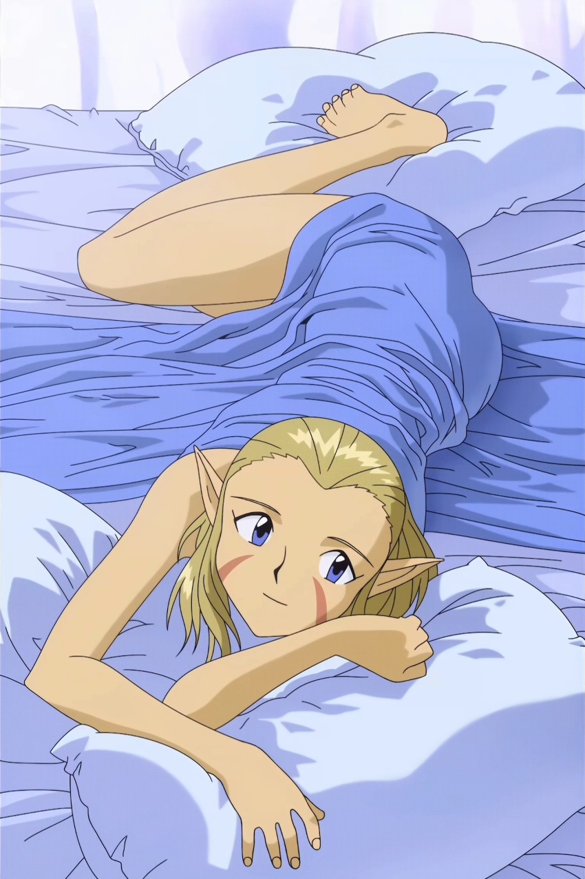 bed blonde_hair blue_eyes bromide facial_mark highres jessica_de_alkirk lunar lunar:_the_silver_star lying official_art on_bed on_side pillow pointy_ears smile under_covers