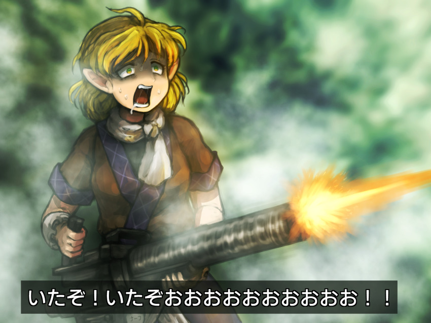 1girl commentary_request drooling firing forest gatling_gun gun holding holding_gun holding_weapon m134_minigun mac_eliot mizuhashi_parsee nature predator_(1987) predator_(series) scene_reference shirosato shouting solo touhou translated valentine weapon