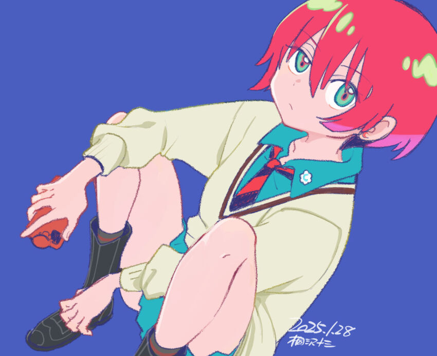 1girl amate_yuzuriha aqua_eyes aqua_skirt cellphone closed_mouth gundam gundam_gquuuuuux holding holding_phone kirisawa_juuzou long_sleeves looking_at_viewer necktie phone red_hair school_uniform shirt short_hair simple_background skirt smartphone solo sweater