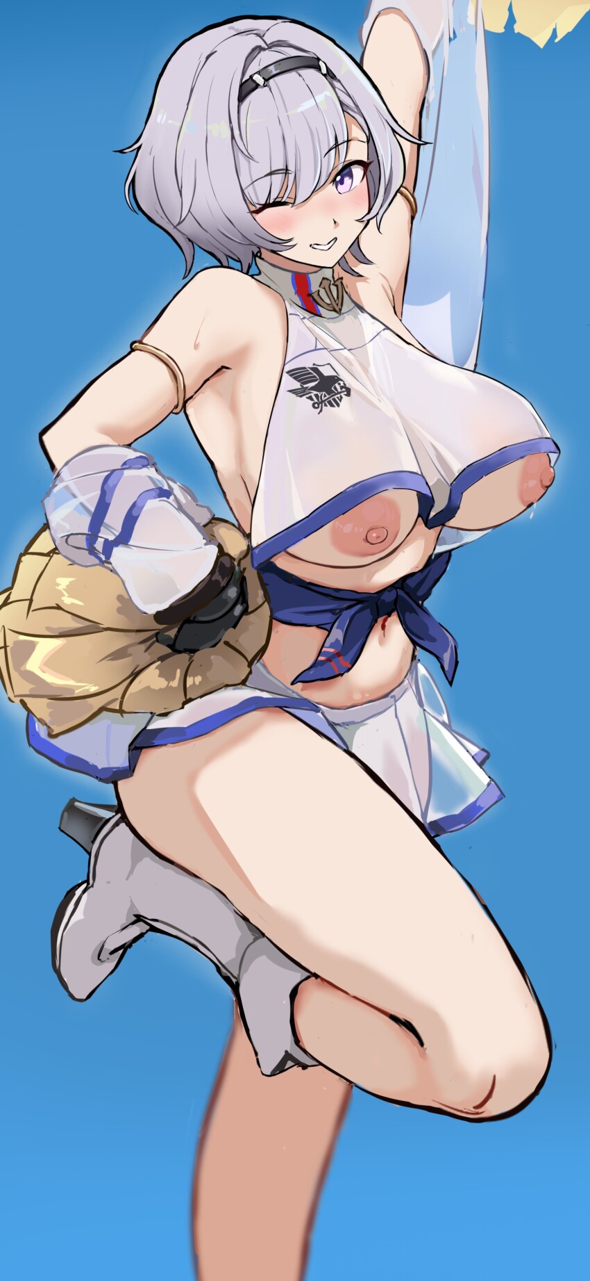 1girl absurdres anchor_symbol arm_strap arm_up azur_lane bare_shoulders black_hairband blue_background blush boots breasts cheerleader crop_top eagle_union_(emblem) grey_hair hair_between_eyes hairband high_heel_boots high_heels highres holding holding_pom_poms knee_boots large_breasts looking_at_viewer navel nipples no_bra nose_blush official_alternate_costume one_eye_closed pom_pom_(cheerleading) pom_poms purple_eyes purple_sash reno_(azur_lane) reno_(biggest_little_cheerleader)_(azur_lane) ry_(mmm_st_bbb2) sash see-through_clothes see-through_shirt see-through_skirt see-through_sleeves shirt short_hair sidelocks simple_background skirt sleeveless smile solo standing standing_on_one_leg stomach sweat white_boots white_shirt white_skirt