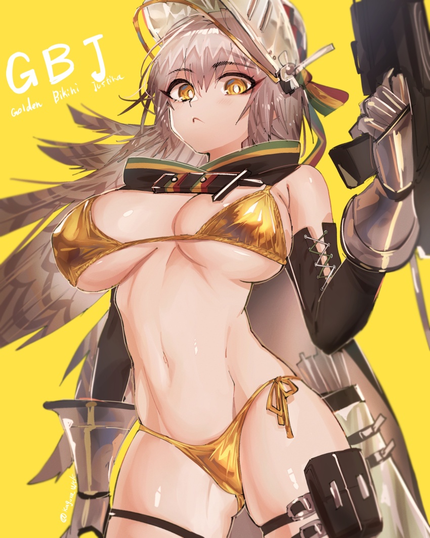 1girl absurdres arknights bikini breasts bright_pupils brown_hair cape fartooth_(arknights) feather_hair gauntlets gold_bikini highres holding holding_weapon kaguura_(kagu) large_breasts long_hair navel side-tie_bikini_bottom swimsuit visor_(armor) weapon white_pupils yellow_background yellow_eyes