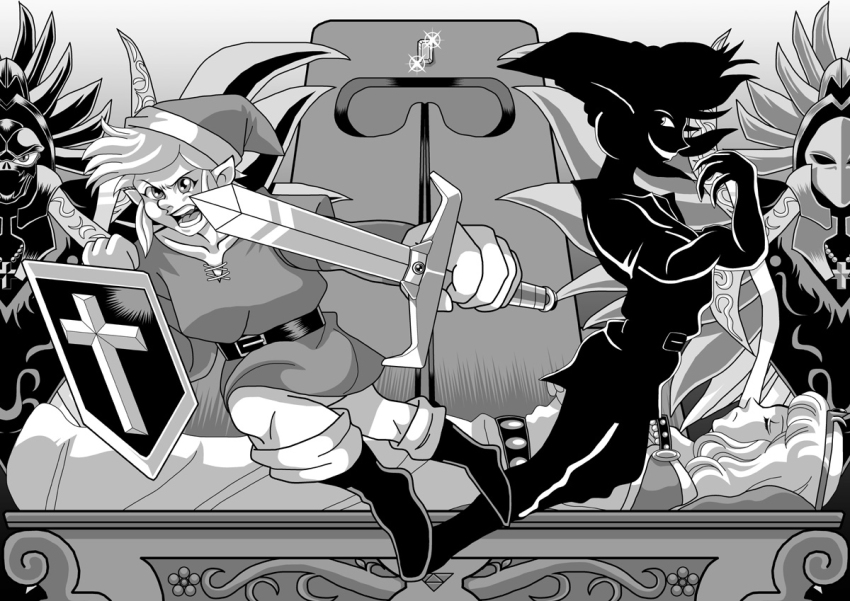 1girl 2boys angry belt bird clone crystal dress elf grin hat link long_hair lying mask multiple_boys nintendo open_mouth pointy_ears princess_zelda shadow shadow_link shield sleeping smile statue sword symbol teeth the_legend_of_zelda triforce tunic weapon zelda_ii:_the_adventure_of_link