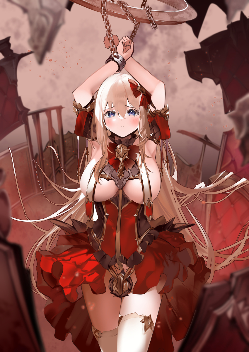 1girl absurdres ann_(ann58533111) arms_up azur_lane blonde_hair blue_eyes bound bound_wrists bow breast_curtains breasts chain cuffs dress fortune_(azur_lane) fortune_(meta)_(azur_lane) hair_bow highres large_breasts long_hair red_bow red_dress restrained shackles solo thighhighs white_thighhighs