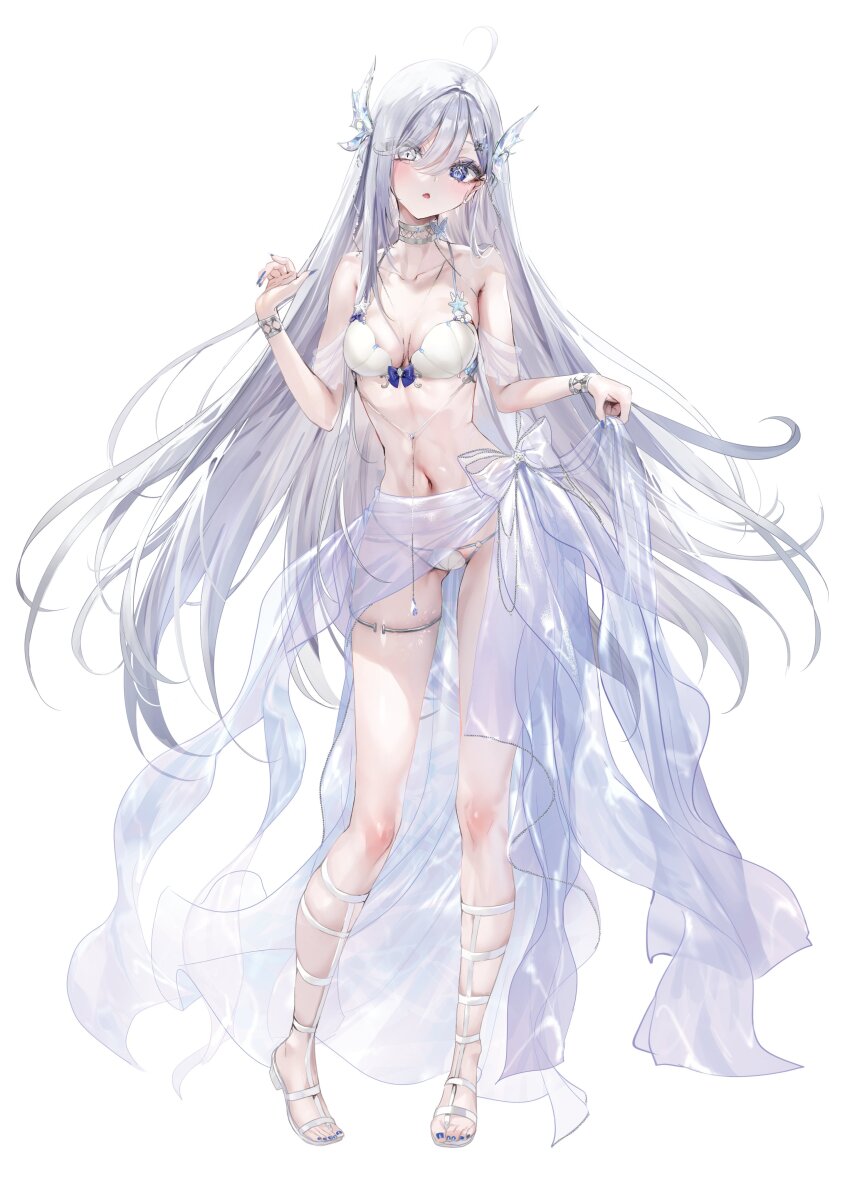 1girl absurdres ahoge bikini blue_eyes blue_nails bracelet breasts cleavage collarbone floating_hair full_body grey_eyes grey_hair hair_intakes head_tilt heterochromia highres jewelry long_hair looking_at_viewer lowleg lowleg_bikini medium_breasts nail_polish navel nekometaru official_art open_mouth sarong shibou_yuugi_de_meshi_o_kuu simple_background solo standing swimsuit thigh_gap toenail_polish toenails very_long_hair white_background white_bikini yuuki_(shibou_yuugi)