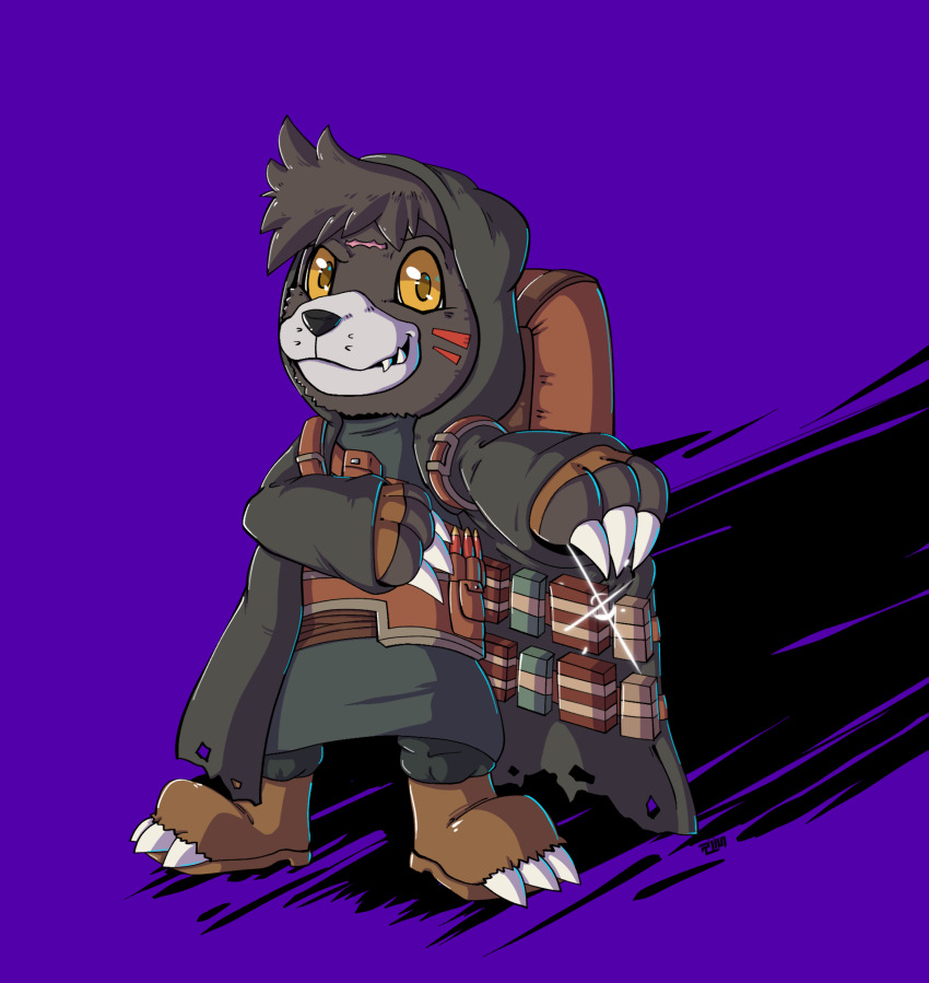 1boy backpack bag bear bear_claws bearmon boots coat cosplay crossover digimon digimon_(creature) hazel_eyes highres merchant merchant_(resident_evil) merchant_(resident_evil)_(cosplay) original simple_background torn_boots trench_coat