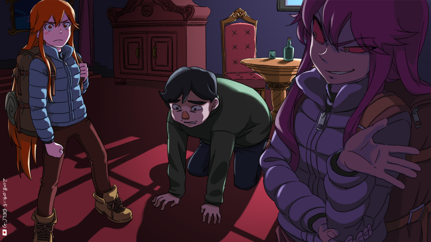 1boy 2girls artist_name backpack badeline bag black_hair blue_coat blush boots bottle brown_boots cabinet celeste_(video_game) chair closed_mouth coat colored_sclera cup dark_persona dated del-chan denim down_jacket glaring green_sweater highres jacket jeans kneeling long_hair madeline_(celeste) mr._oshiro multiple_girls panicking pants purple_coat purple_hair red_eyes red_hair red_sclera short_hair smirk sweater table