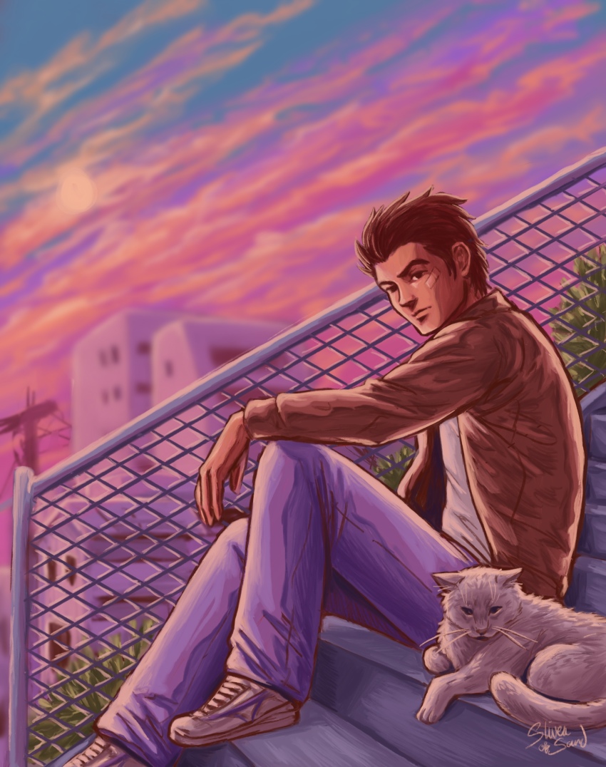 1boy 1other absurdres arm_on_knee bandage_on_face bandages brown_eyes brown_hair brown_jacket bush cat chain-link_fence cityscape closed_mouth cloud cloudy_sky denim expressionless fence hazuki_ryou highres jacket jeans knee_up looking_at_viewer open_hand outdoors pants purple_sky shenmue shenmue_i shirt shoes sideburns signature sitting sky sliverofsand sneakers spiked_hair stairs sunset t-shirt thick_eyebrows white_footwear white_shirt