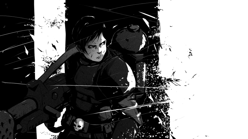 1boy armor astra_militarum commentary english_commentary flamer flamethrower gas_tank greyscale highres karooz looking_to_the_side male_focus monochrome serious solo upper_body warhammer_40k weapon
