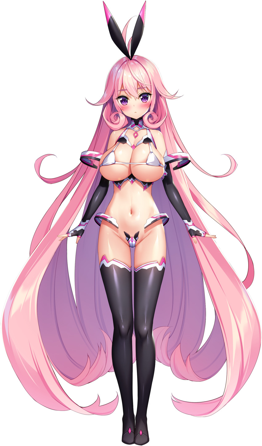 1girl absurdres animal_ears antenna_hair bikini black_boots black_gloves blush boots breasts cleavage closed_mouth collared_bikini curly_sidelocks derauea elbow_gloves fingerless_gloves floating floating_object full_body game_cg gloves highres iizuki_riria large_breasts long_hair long_sidelocks looking_at_viewer maebari mechanical_ears micro_bikini milk_factory motto!_haramase!_honoo_no_oppai_chou_ero_appli_gakuen! navel non-web_source official_art outstretched_arms pink_hair purple_eyes rabbit_ears sidelocks skindentation solo spread_arms sprite standing swimsuit tachi-e thigh_boots transparent_background very_long_hair