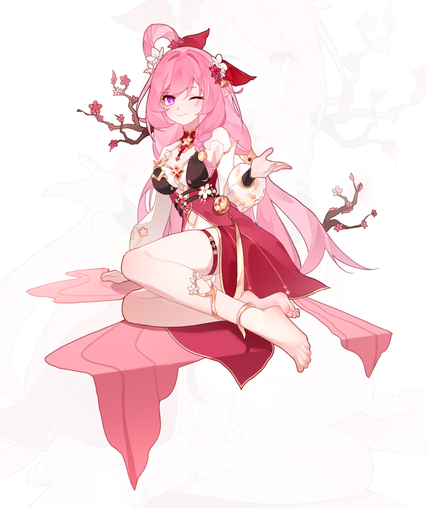 1girl absurdres arm_support barefoot bell branch breasts chinese_commentary closed_mouth commentary_request diamond-shaped_pupils diamond_(shape) dress elysia_(herrscher_of_human:_ego)_(honkai_impact) elysia_(honkai_impact) elysia_(peachy_spring)_(honkai_impact) feet flower full_body hair_bell hair_flower hair_ornament hair_rings hand_up highres honkai_(series) honkai_impact_3rd large_breasts looking_at_viewer mi_si_lei_da_ke official_alternate_costume one_eye_closed pink_dress pink_hair pointy_ears purple_eyes shrug_(clothing) sidelocks single_hair_ring sitting smile solo symbol-shaped_pupils thigh_strap toes white_shrug yokozuwari zoom_layer